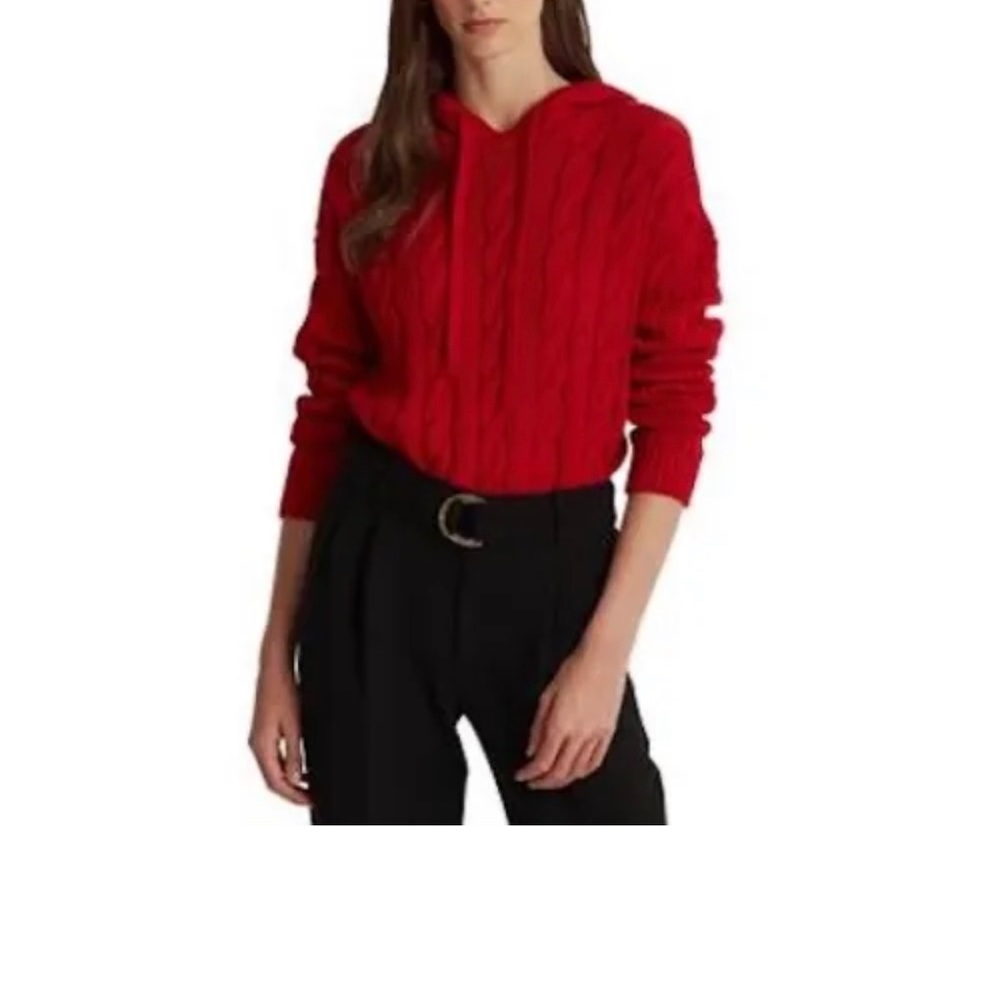 New Ralph Lauren Cable-Knit Hooded Sweater Women's Size Large Red Pullover